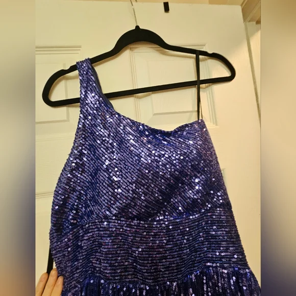 Stunning Blue Sequin By B.Darlin One-Shoulder Gown - Picture 11 of 15